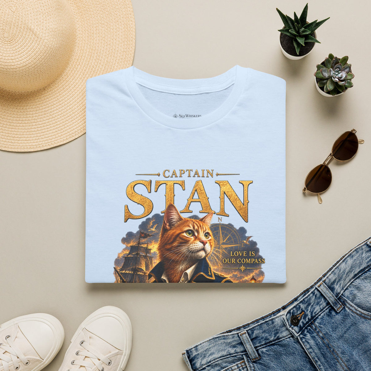 Captain Stan Cat T-Shirt — Vintage Nautical 'Sea Whisker' Graphic Tee