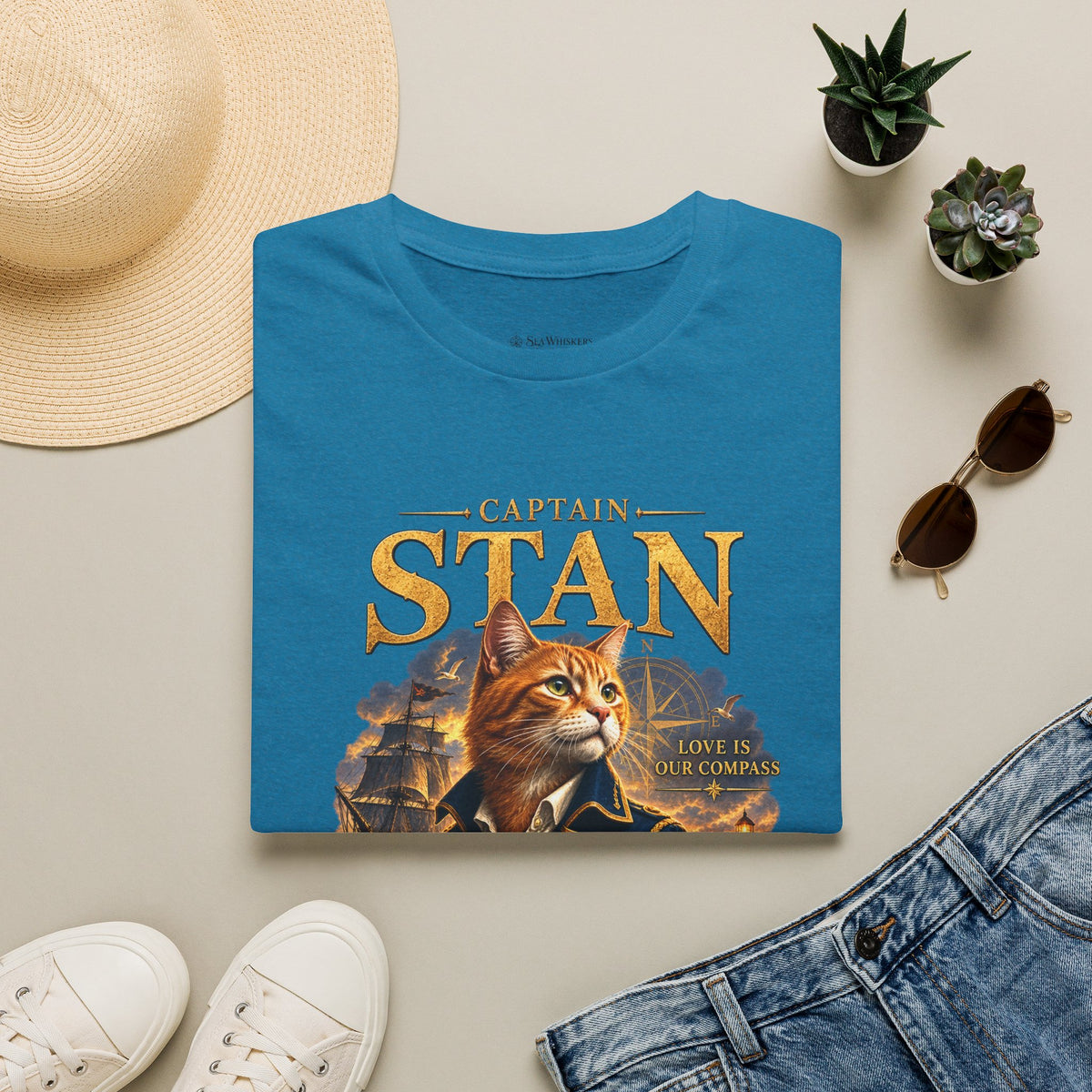 Captain Stan Cat T-Shirt — Vintage Nautical 'Sea Whisker' Graphic Tee