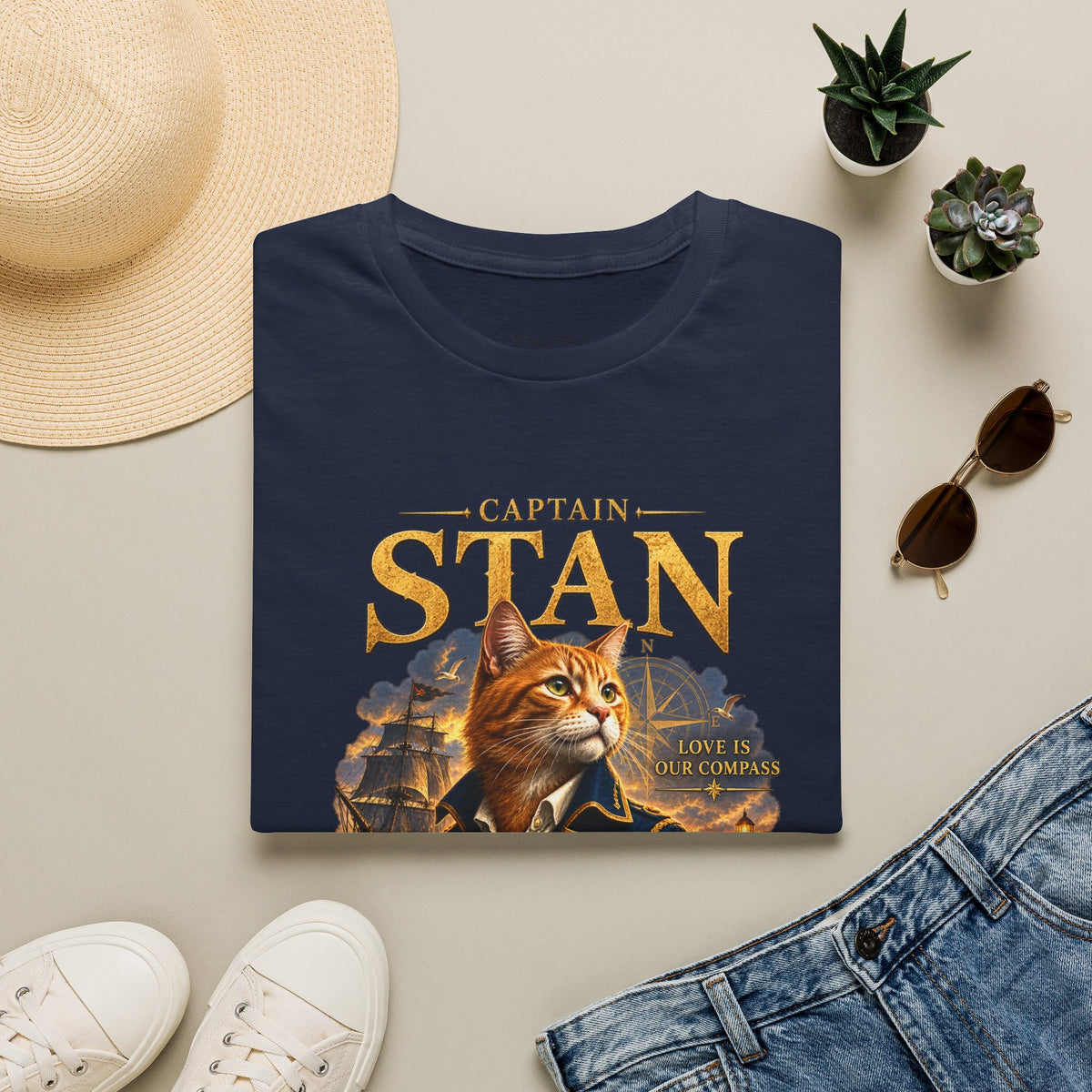 Captain Stan Cat T-Shirt — Vintage Nautical 'Sea Whisker' Graphic Tee