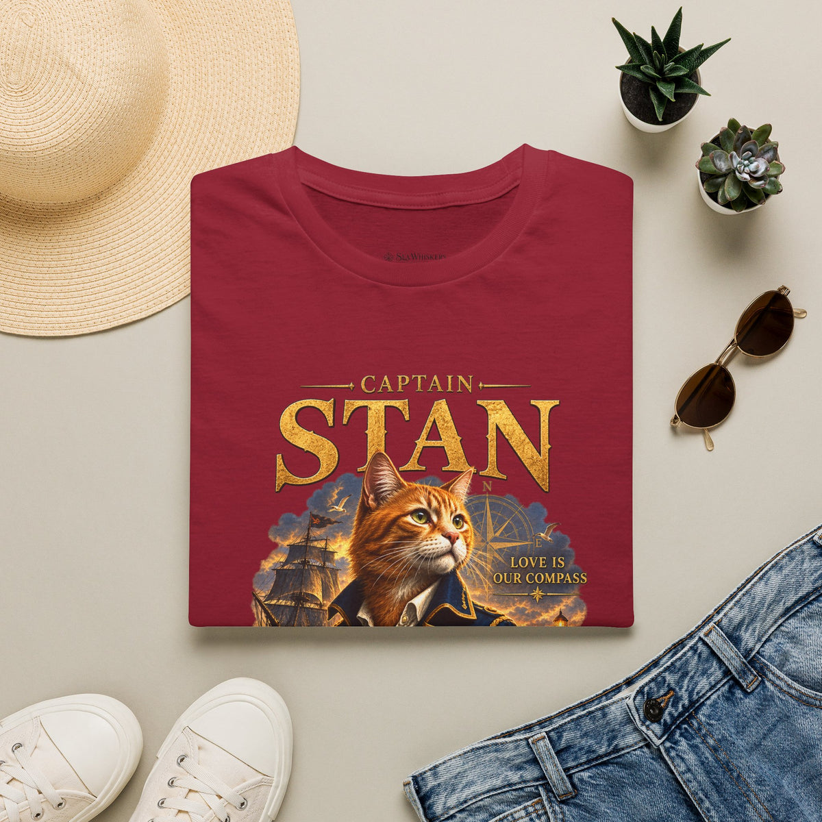 Captain Stan Cat T-Shirt — Vintage Nautical 'Sea Whisker' Graphic Tee