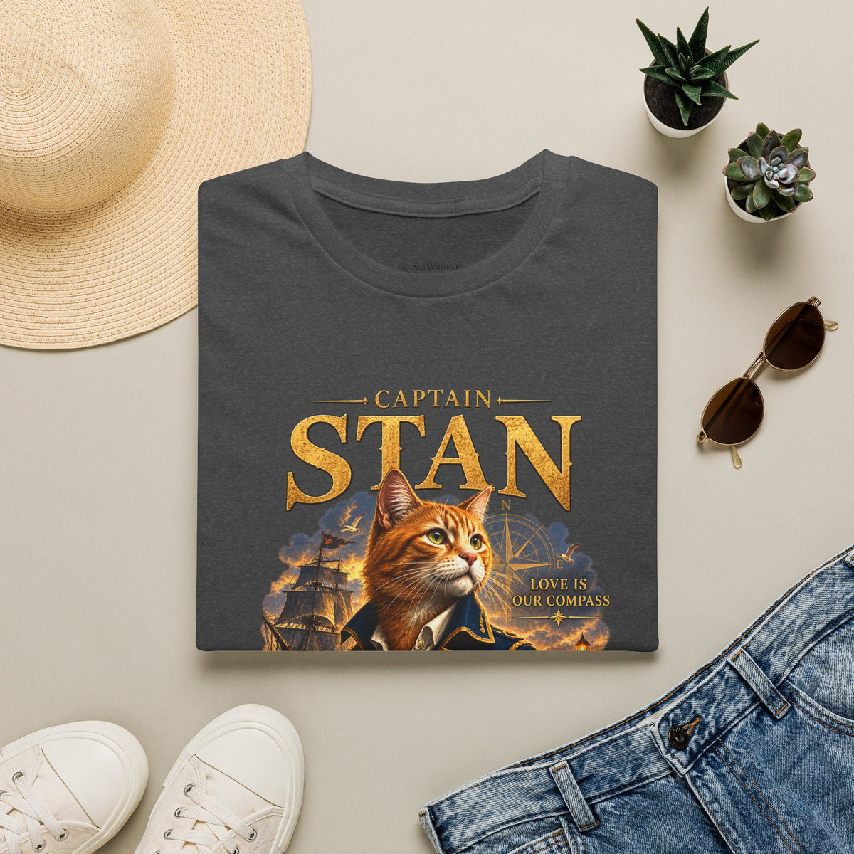 Captain Stan Cat T-Shirt — Vintage Nautical 'Sea Whisker' Graphic Tee