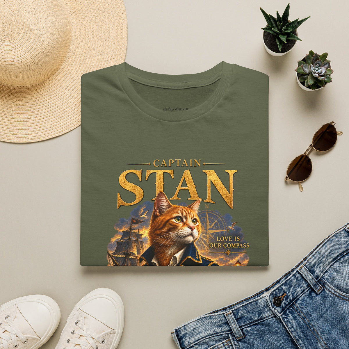 Captain Stan Cat T-Shirt — Vintage Nautical 'Sea Whisker' Graphic Tee