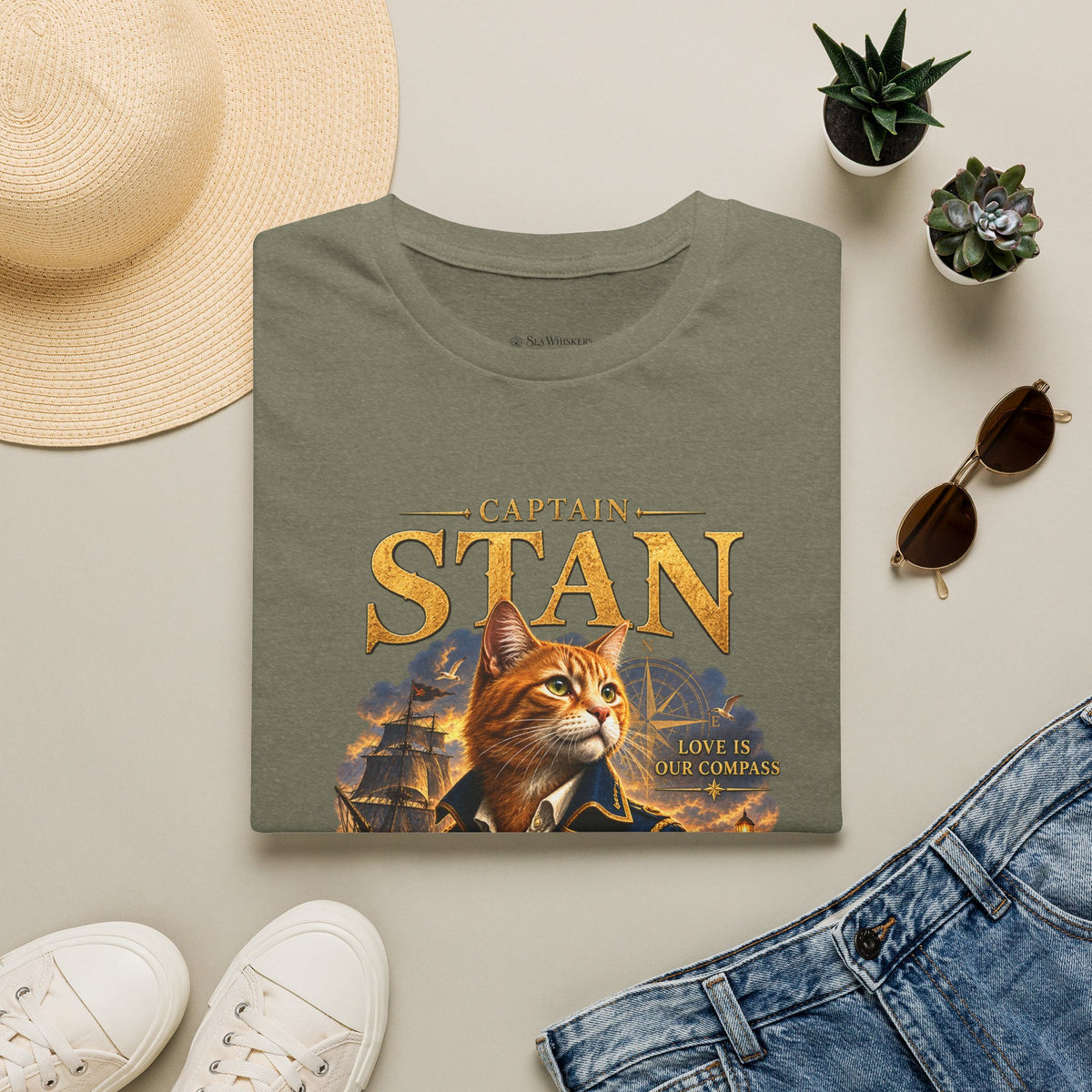 Captain Stan Cat T-Shirt — Vintage Nautical 'Sea Whisker' Graphic Tee