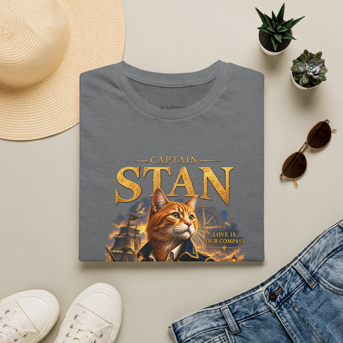 Captain Stan Cat T-Shirt — Vintage Nautical 'Sea Whisker' Graphic Tee