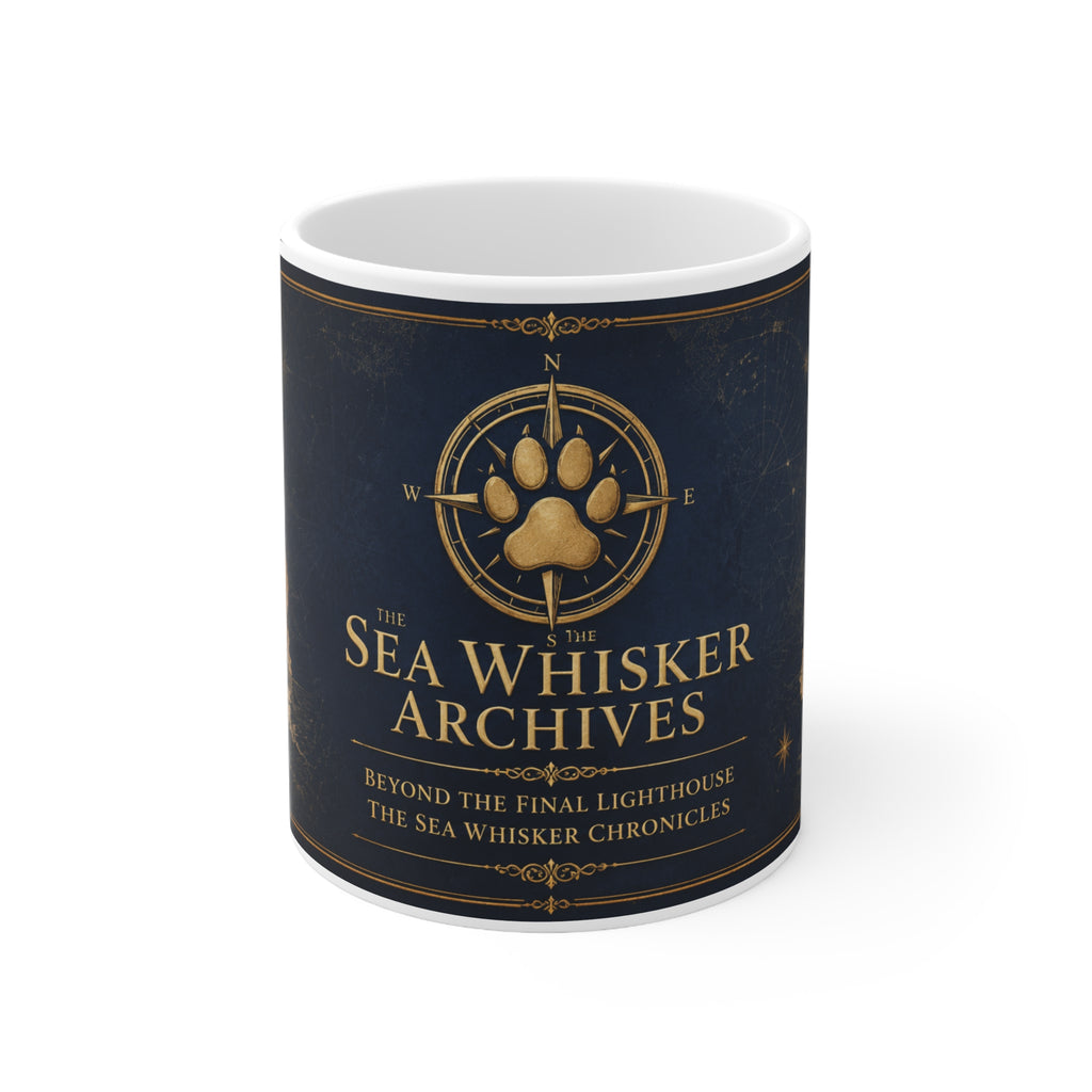 Sea Whisker Archives Ceramic Coffee Mug — Nautical Lighthouse Paw Print Design (11oz & 15oz)
