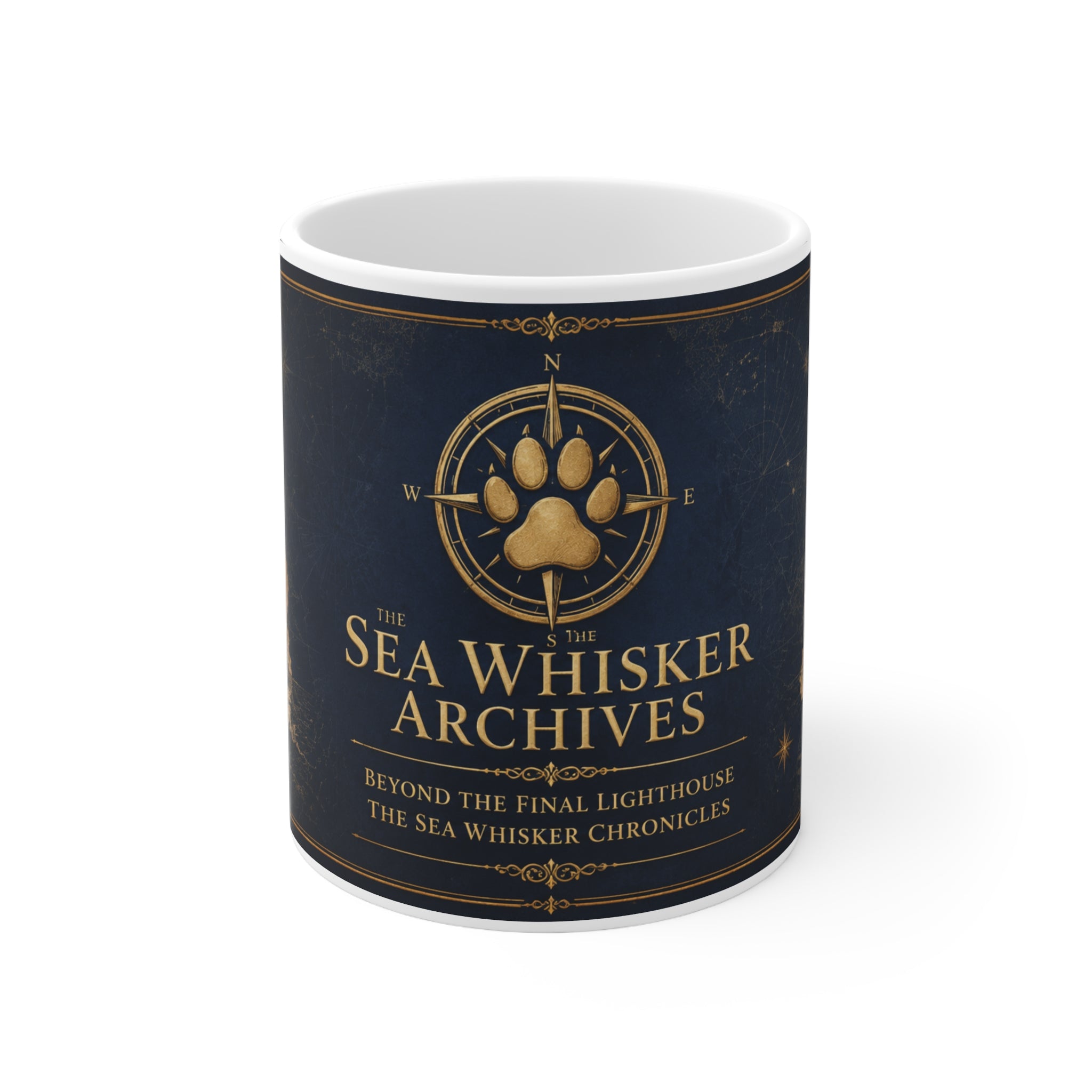 Sea Whisker Archives Ceramic Coffee Mug — Nautical Lighthouse Paw Print Design (11oz & 15oz)