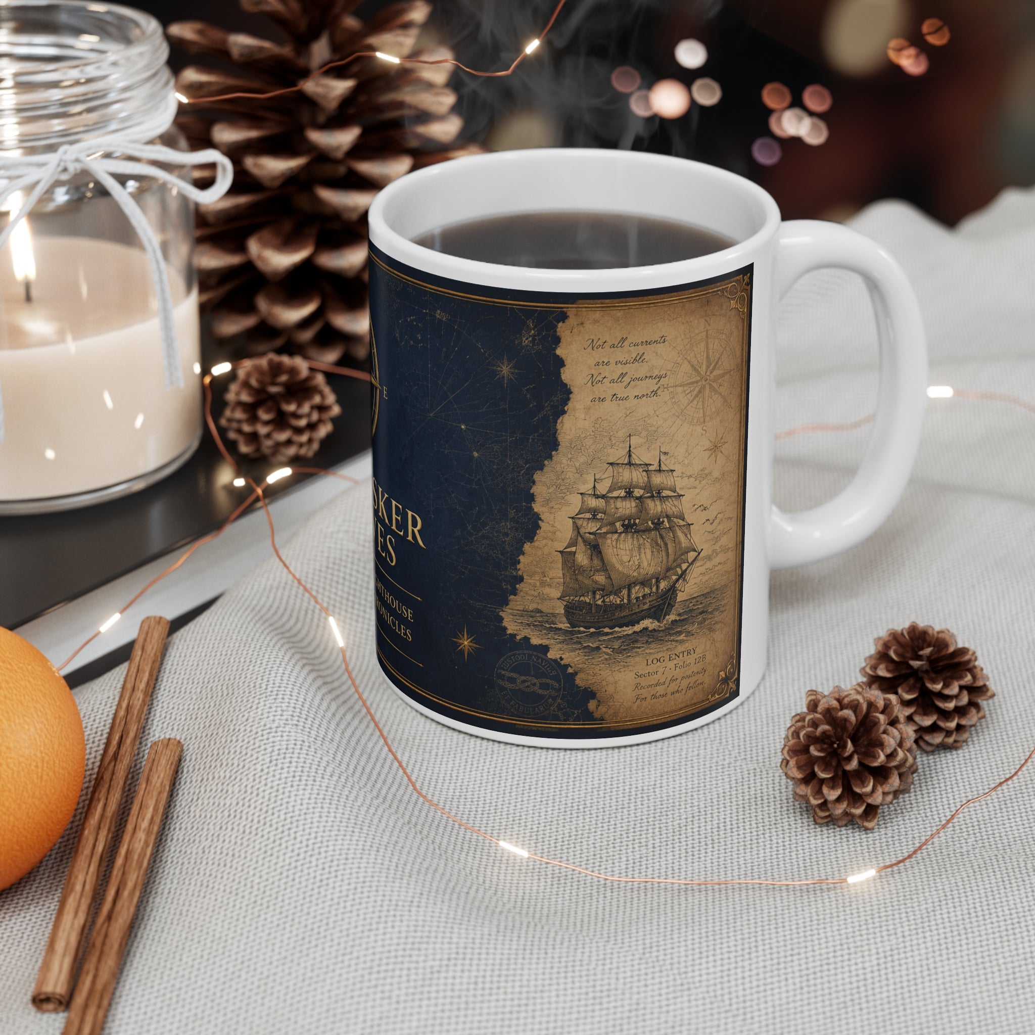 Sea Whisker Archives Ceramic Coffee Mug — Nautical Lighthouse Paw Print Design (11oz & 15oz)