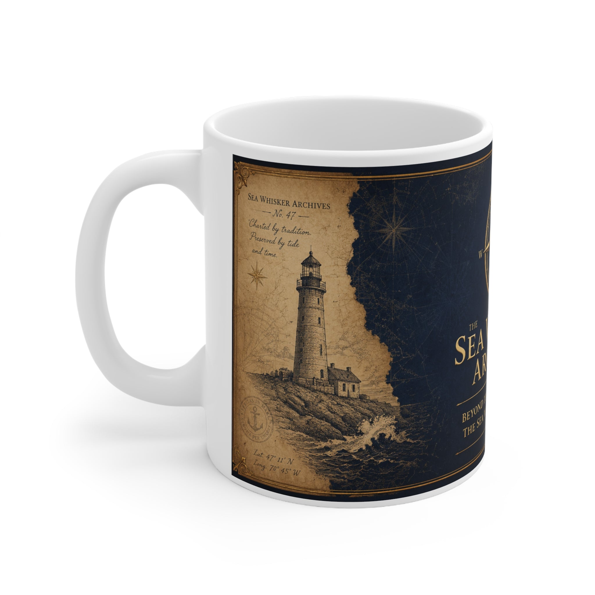 Sea Whisker Archives Ceramic Coffee Mug — Nautical Lighthouse Paw Print Design (11oz & 15oz)