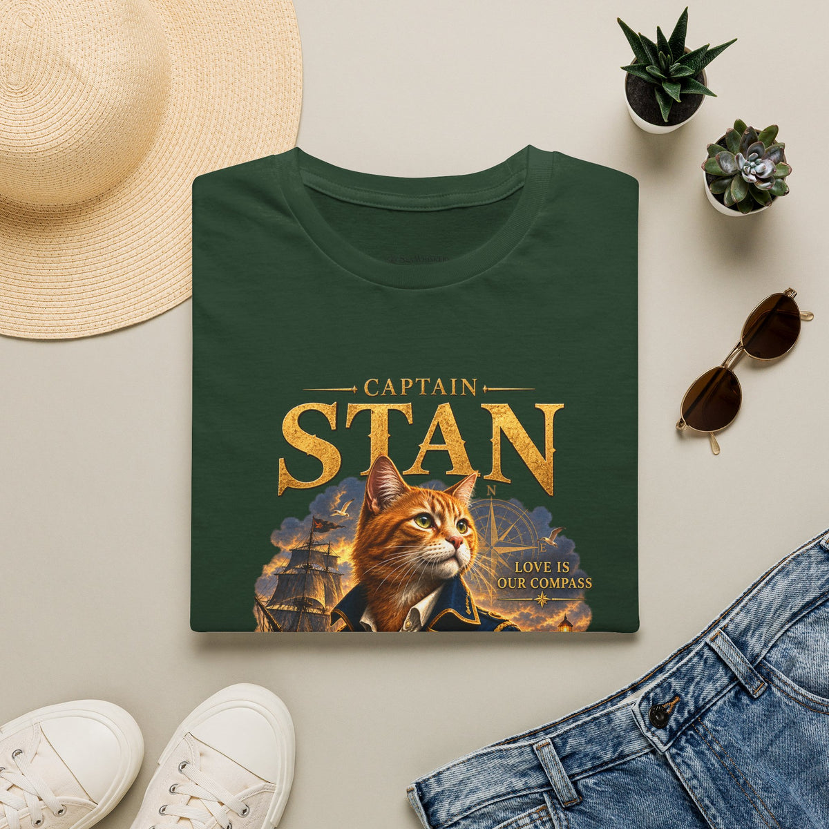 Captain Stan Cat T-Shirt — Vintage Nautical 'Sea Whisker' Graphic Tee