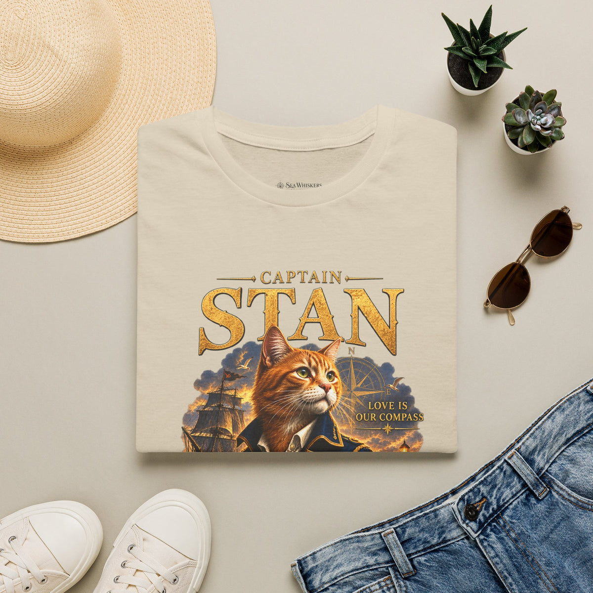 Captain Stan Cat T-Shirt — Vintage Nautical 'Sea Whisker' Graphic Tee