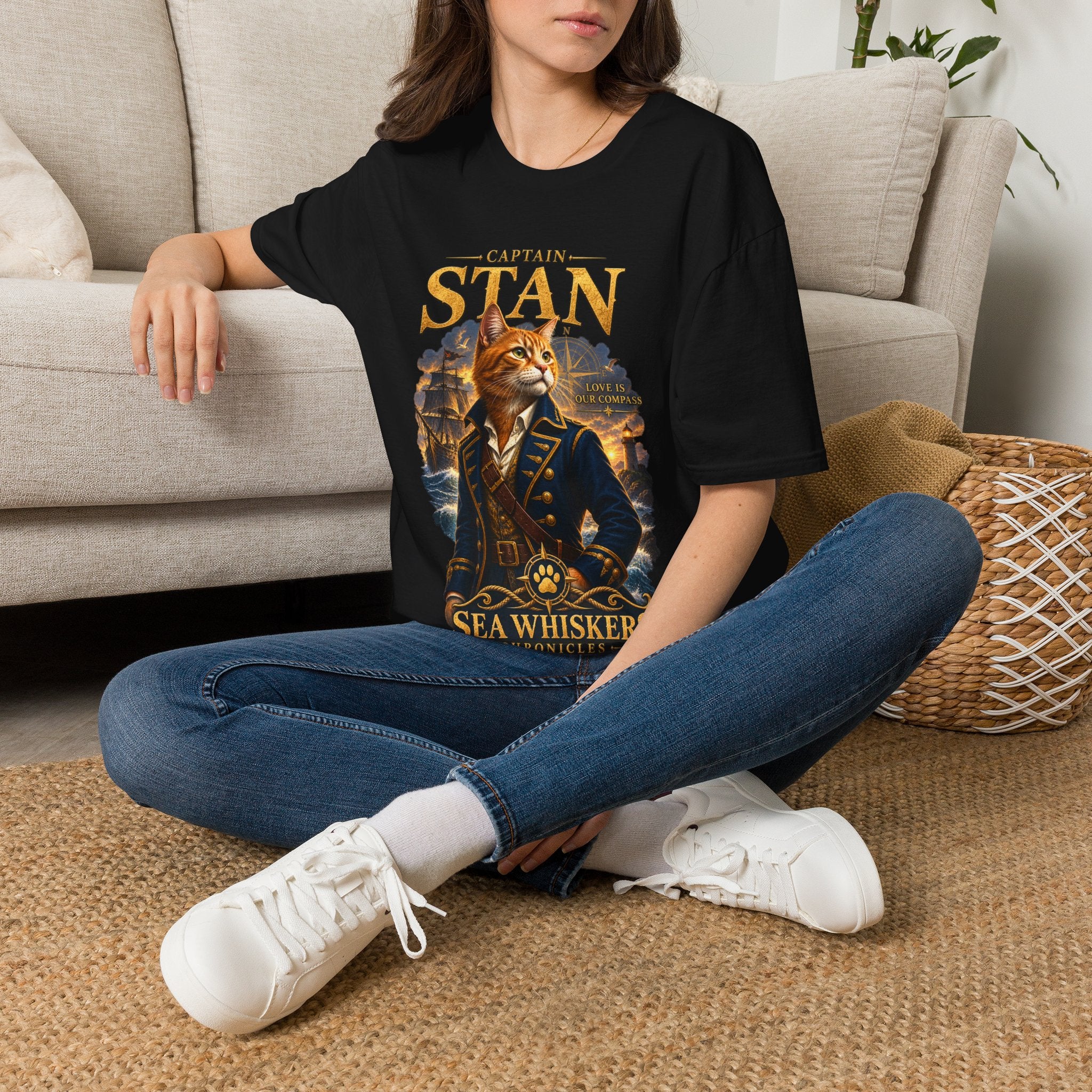 Captain Stan Cat T-Shirt — Vintage Nautical 'Sea Whisker' Graphic Tee