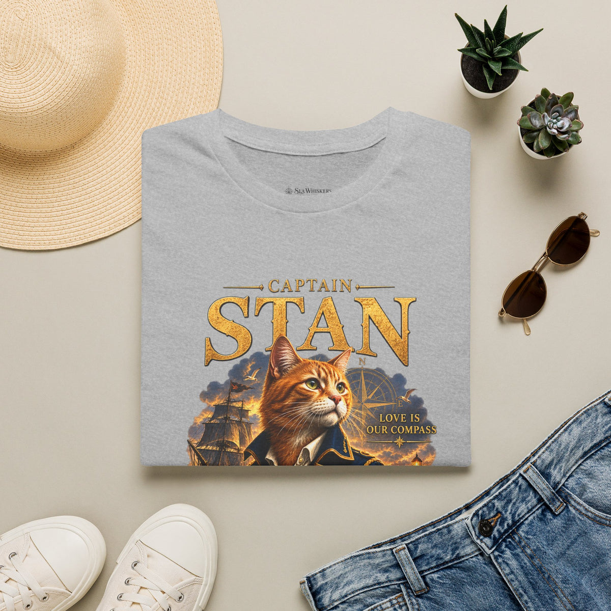 Captain Stan Cat T-Shirt — Vintage Nautical 'Sea Whisker' Graphic Tee