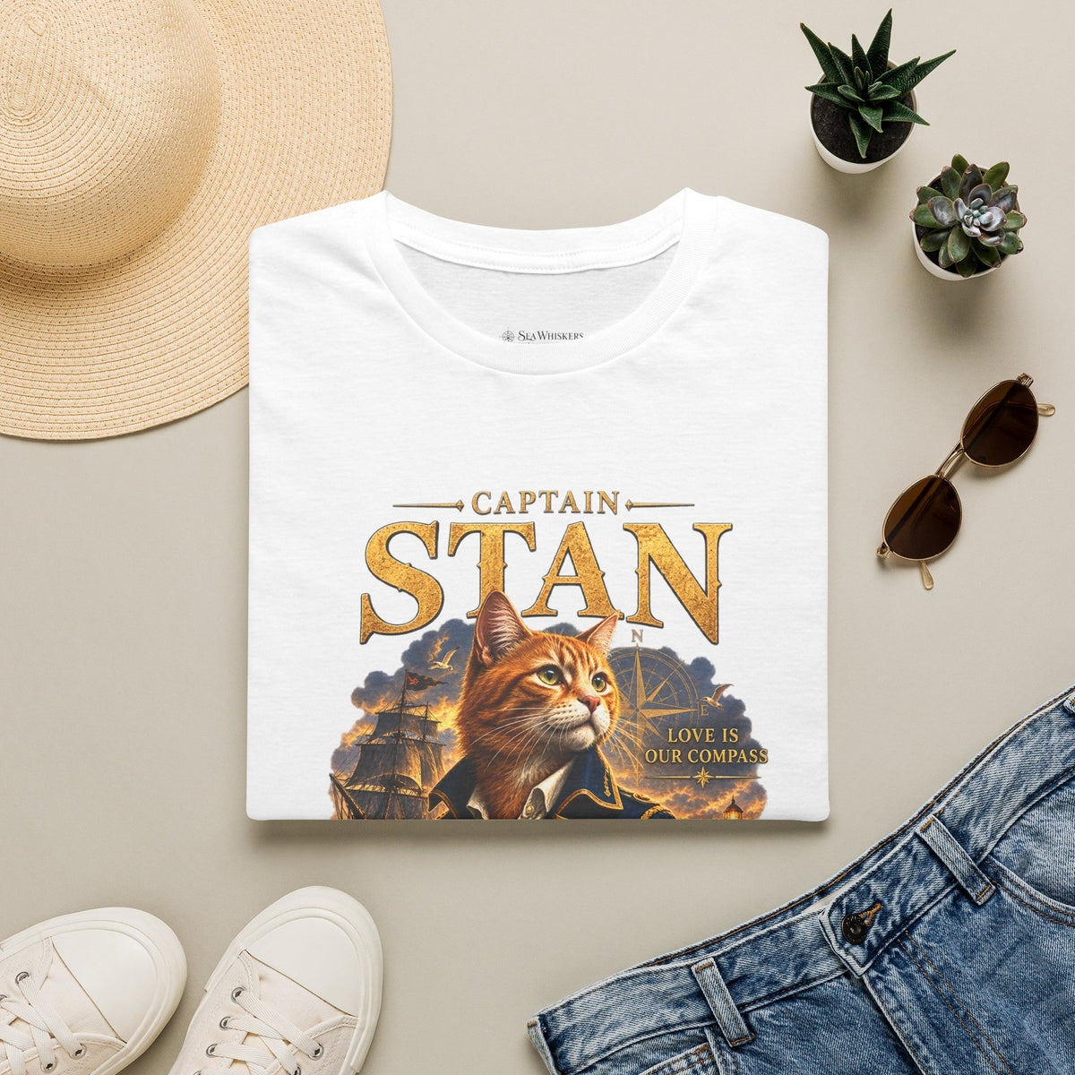 Captain Stan Cat T-Shirt — Vintage Nautical 'Sea Whisker' Graphic Tee