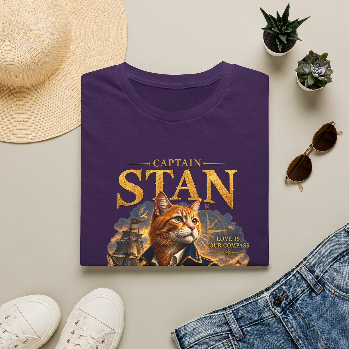 Captain Stan Cat T-Shirt — Vintage Nautical 'Sea Whisker' Graphic Tee