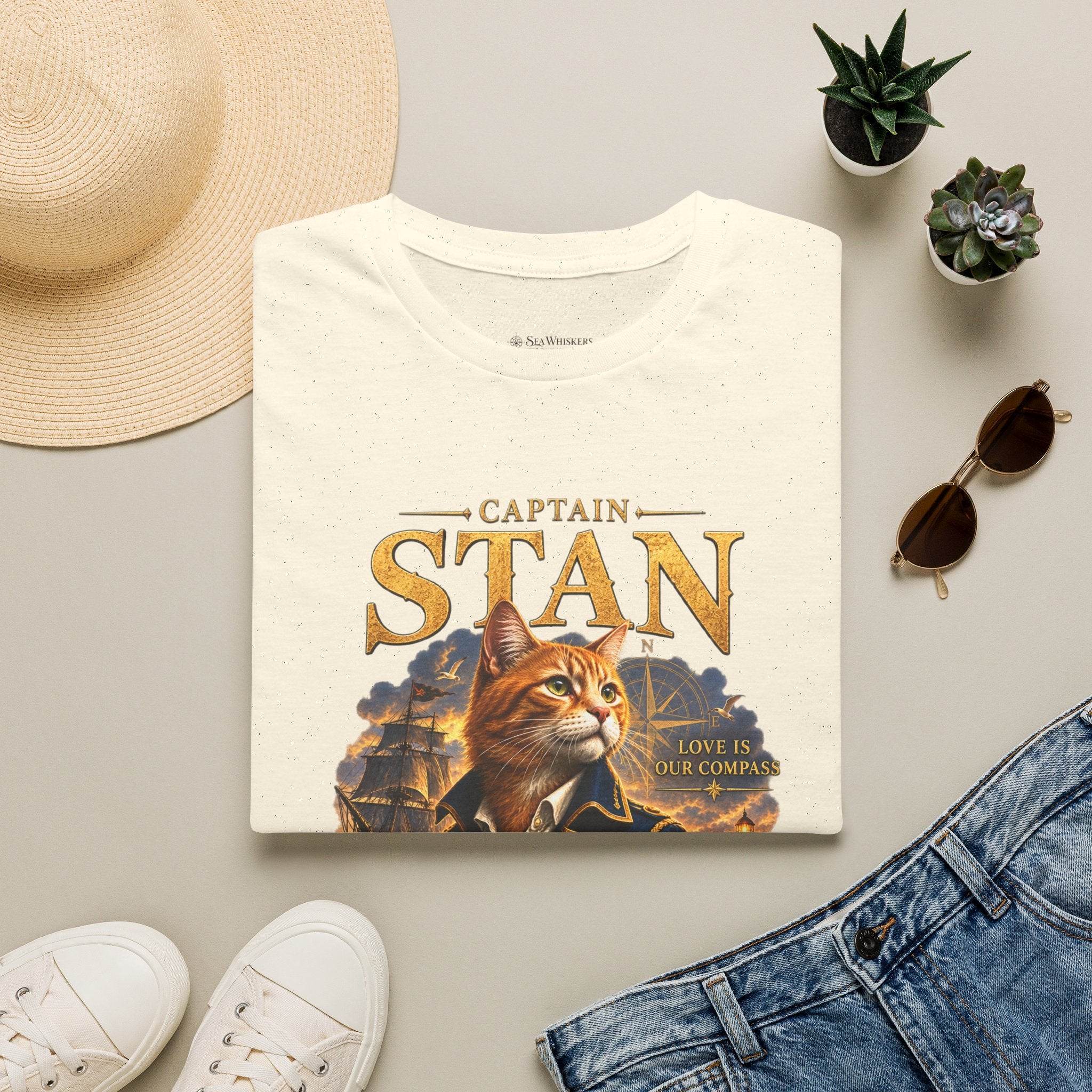 Captain Stan Cat T-Shirt — Vintage Nautical 'Sea Whisker' Graphic Tee