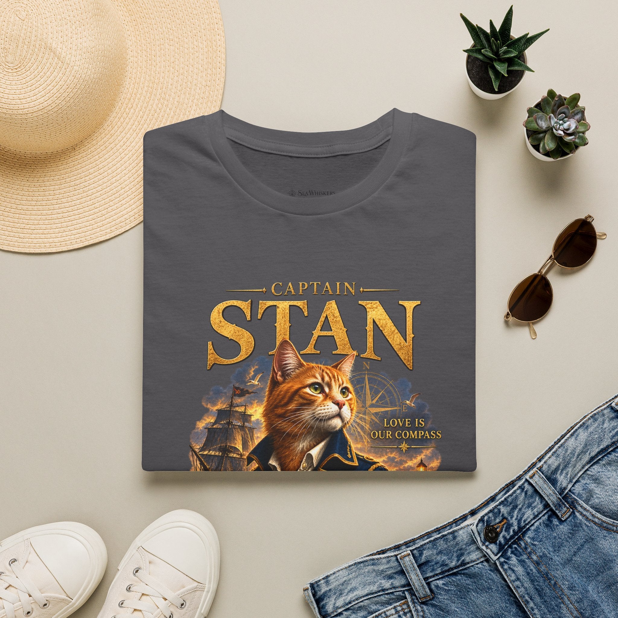 Captain Stan Cat T-Shirt — Vintage Nautical 'Sea Whisker' Graphic Tee