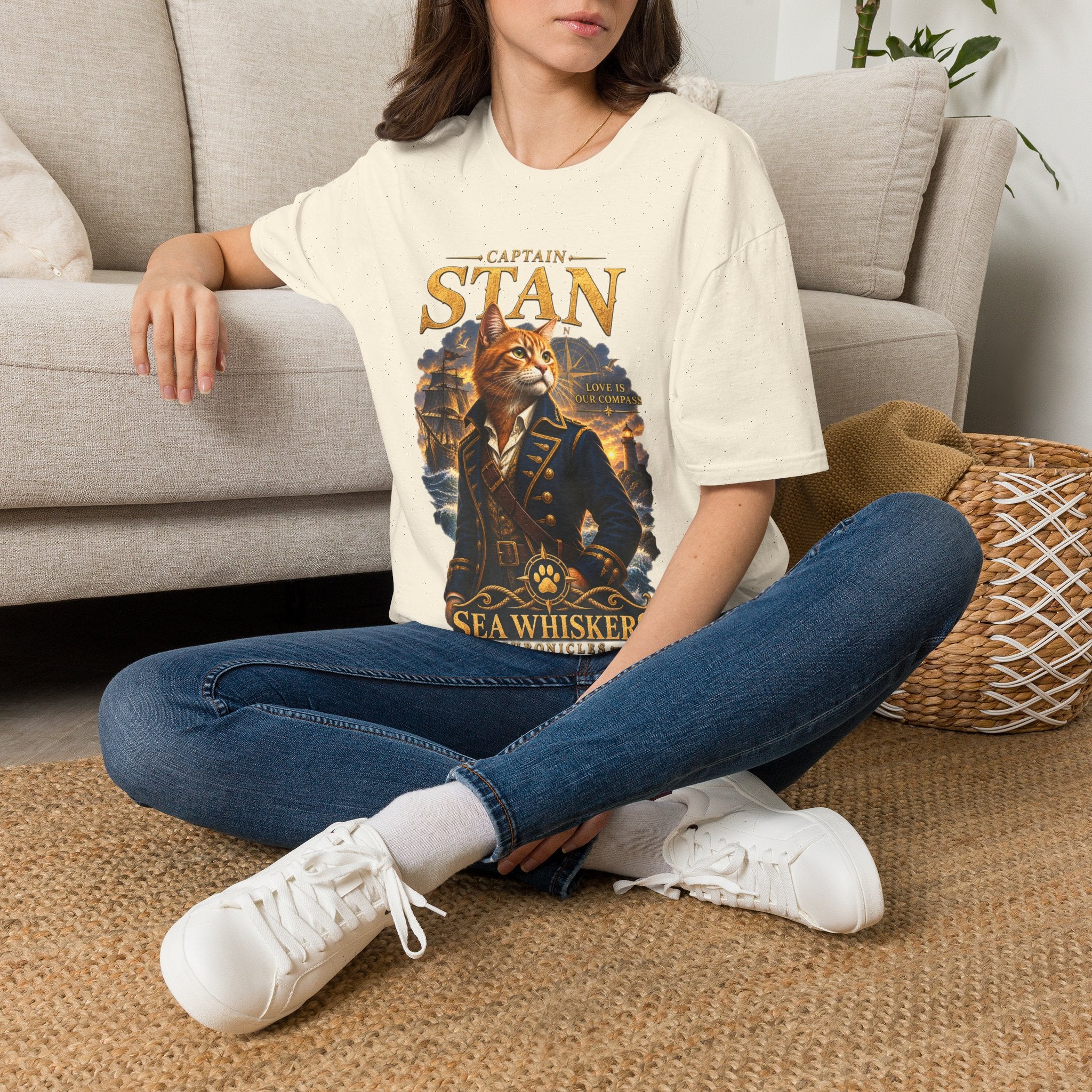Captain Stan Cat T-Shirt — Vintage Nautical 'Sea Whisker' Graphic Tee